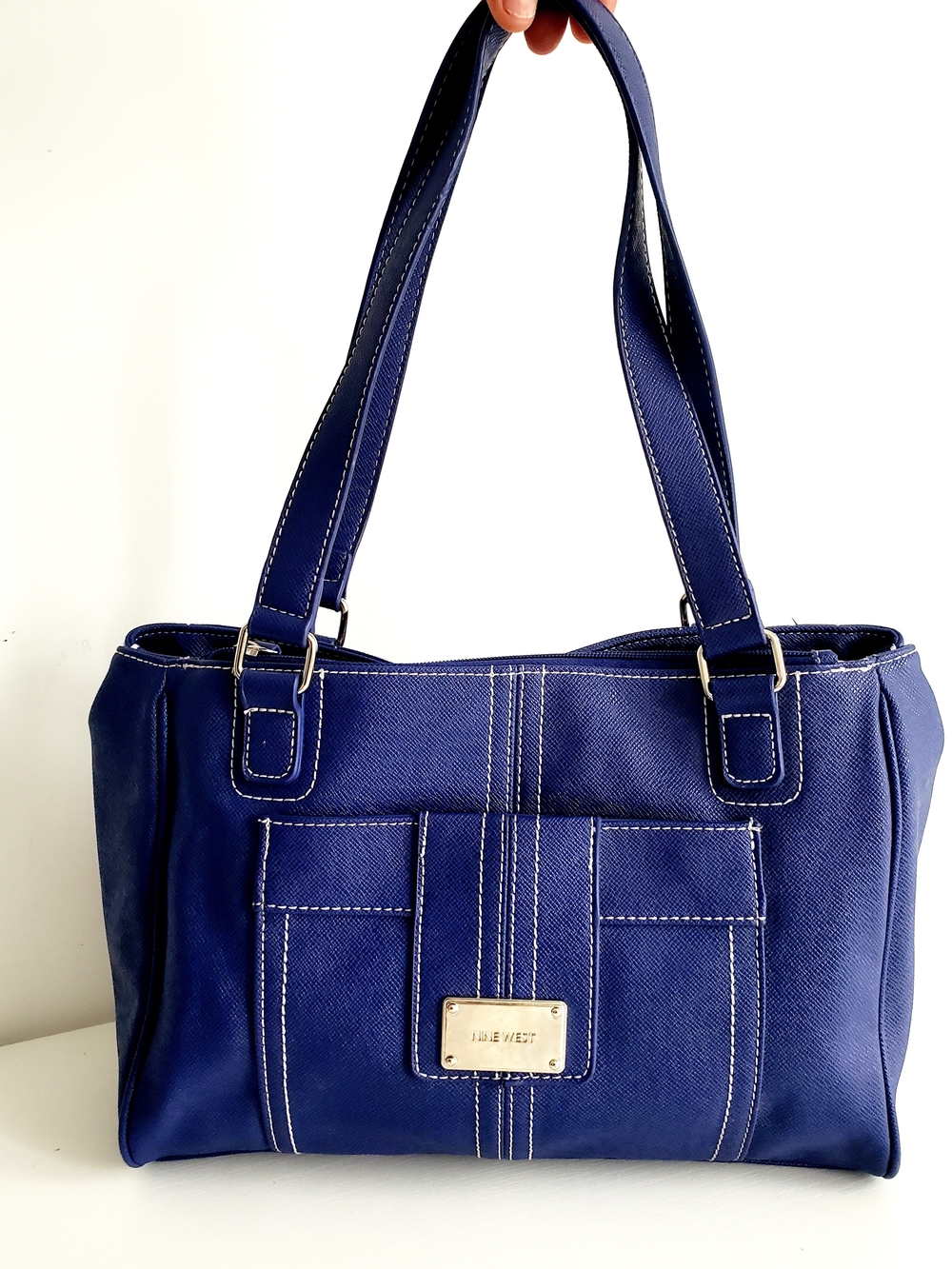 Nine West Navy Blue Shoulder Tote with Contrast Stitching